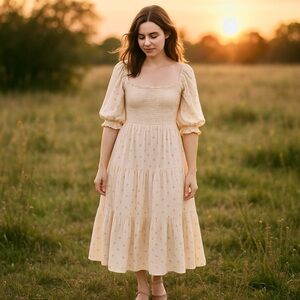 Neuflora OG Ashland Dress In Vintage Floral Medium M Tiered Smocked Midi Flowers